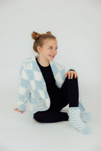 Load image into Gallery viewer, Light Blue Checker Bow Cozy Cardigan