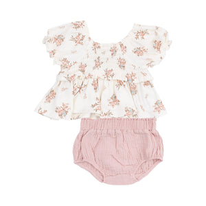 Cap Sleeve Smocked Blouse and Muslin Bloomer - Vintage Rosebuds