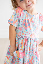 Load image into Gallery viewer, Blue Retro Unicorns S/S Pocket Twirl Dress
