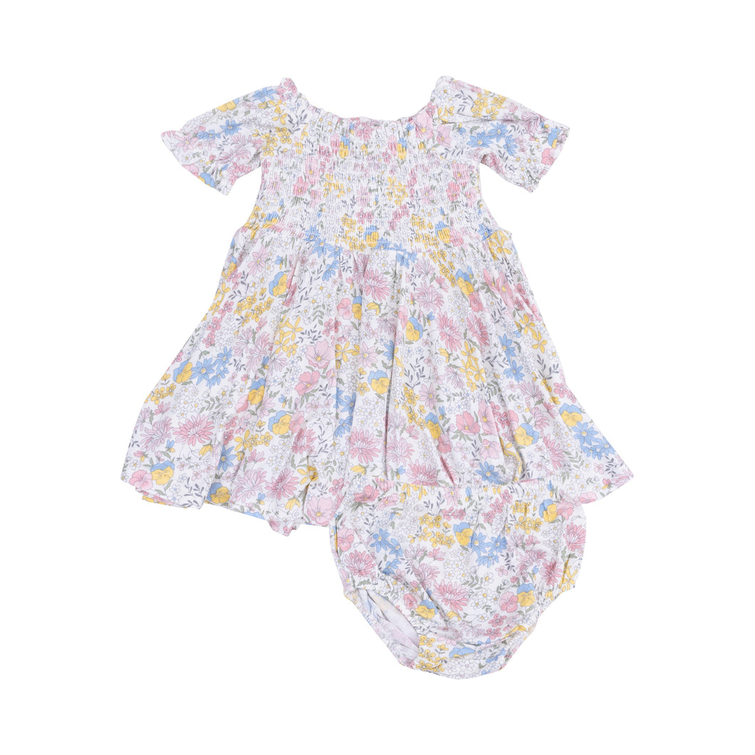 Puff Sleeve Smocked Dress and Diaper Cover - Viola Floral