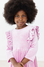 Load image into Gallery viewer, Carnation Pink Velvet Ruffle Twirl Dress