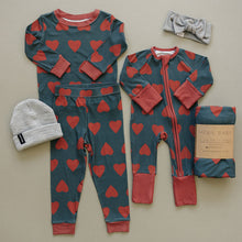 Load image into Gallery viewer, Navy + Red Hearts Ribbed Bamboo Zipper