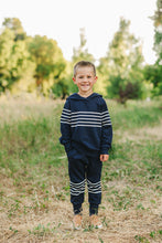 Load image into Gallery viewer, Navy Stripes Hooded French Terry Set