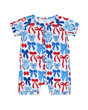 Load image into Gallery viewer, Bamboo Shorty Romper  | Red-White &amp; Bows