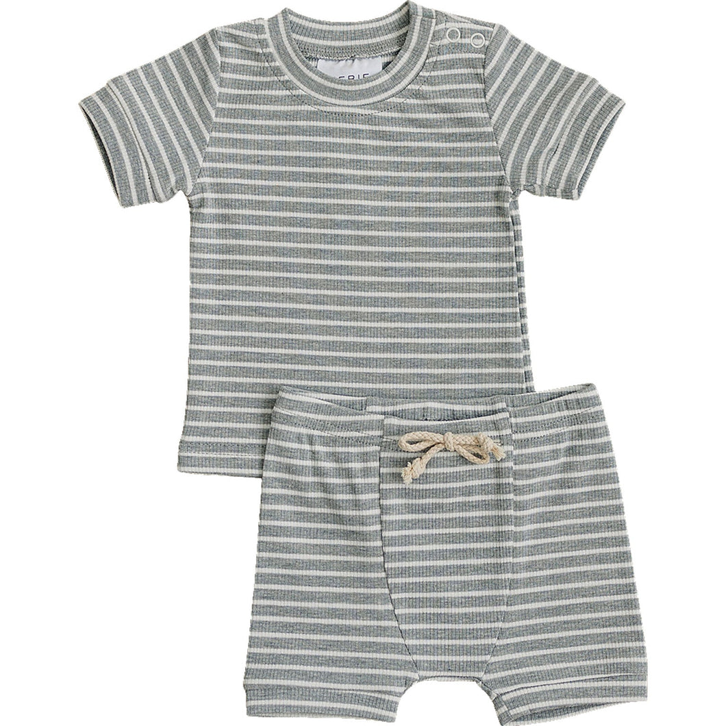 Grey Stripe Ribbed Cozy Short Set