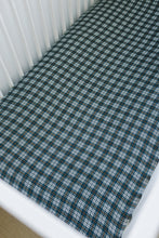 Load image into Gallery viewer, Navy Plaid Muslin Crib Sheet