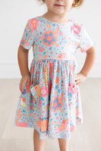 Load image into Gallery viewer, Blue Retro Unicorns S/S Pocket Twirl Dress