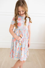 Load image into Gallery viewer, Blue Retro Unicorns S/S Pocket Twirl Dress